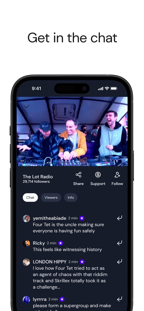 Mixcloud: Music, Mixes & Radio - The app facilitates community interaction with an integrated live chat interface, allowing users to share thoughts and see viewer counts during live broadcasts.