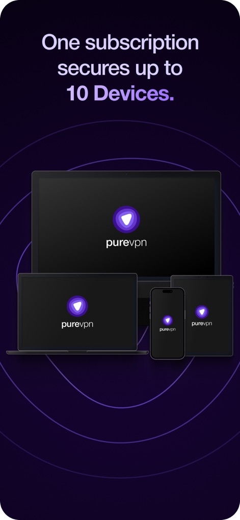 PureVPN: Fast and Secure VPN - Una única suscripción optimiza la seguridad multidispositivo, mostrando el logo de PureVPN en una variedad de pantallas de Apple y permitiendo la protección de hasta 10 dispositivos simultáneamente.