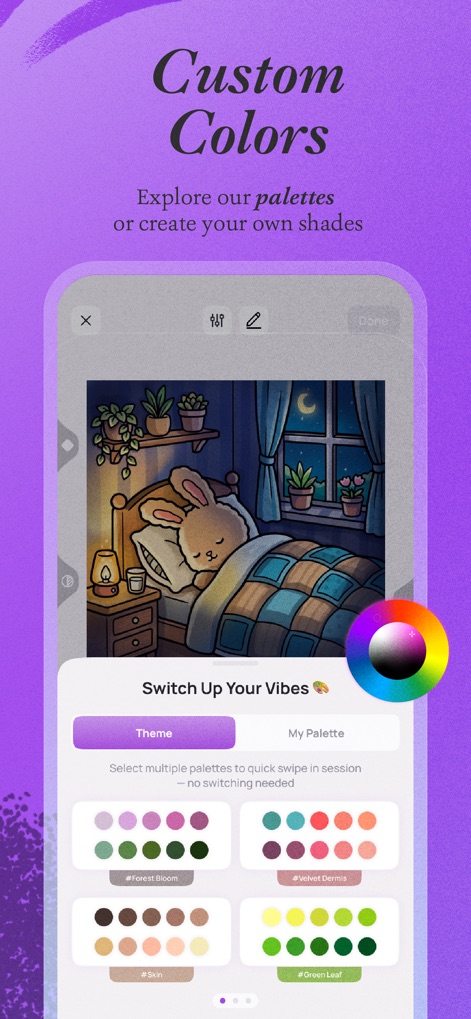 Artsy Artasy - Adult Coloring - O aplicativo permite a personalização de cores através de uma roda cromática intuitiva e oferece paletas temáticas pré-definidas, como 'Forest Bloom' e 'Velvet Dermis', para combinações harmoniosas.