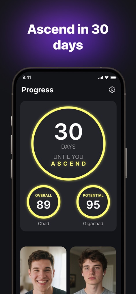 UCHAD: See Your Potential - The app provides an "Ascension Timeline Estimate" to motivate users with a clear countdown and displays current "Overall" and "Potential" scores to highlight progress.