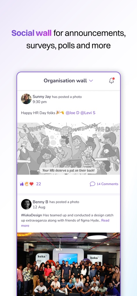 Keka HR - El muro de la organización fomenta la comunicación interna, permitiendo a los empleados ver anuncios con fotos y participar a través de likes y comentarios en diversas publicaciones.