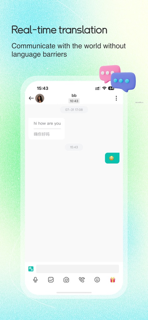 WorldTalk-Make Foreign Friends - The app facilitates effortless communication by displaying side-by-side original and translated messages, alongside a prominent translation icon.
