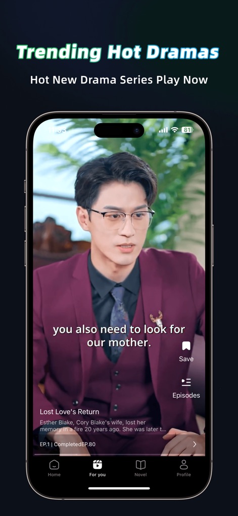 Micro Drama - Short Drama&Show - La aplicación destaca el contenido de moda con el banner "Trending Hot Dramas", presentando la reproducción del drama en curso y ofreciendo una navegación sencilla a través de sus pestañas inferiores.