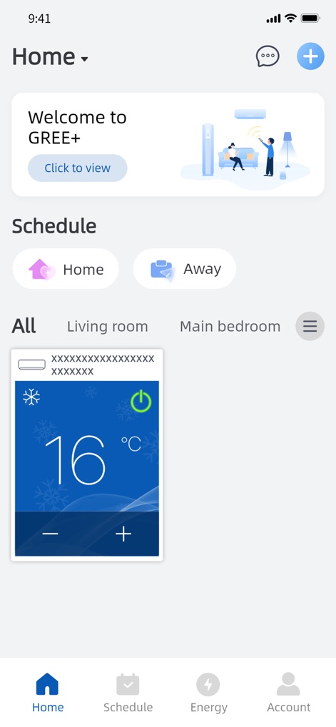 GREE+ - ユーザーはホーム画面から、現在の温度が16°Cと表示されたエアコンのデバイス管理カードに直接アクセスでき、下部にはスケジュール機能など主要機能へのアクセスが容易なナビゲーションバーが配置されています。