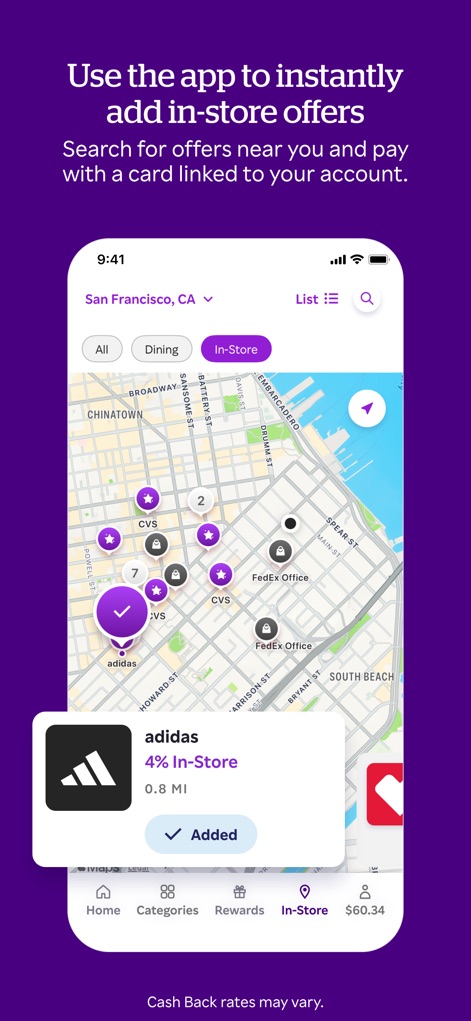 Rakuten: Cash Back & Deals - Um mapa geolocalizado exibe ofertas de "In-Store" em San Francisco, destacando um ícone de estrela para lojas como CVS e a oferta da Adidas de "4% In-Store" a 0.8 milhas de distância.