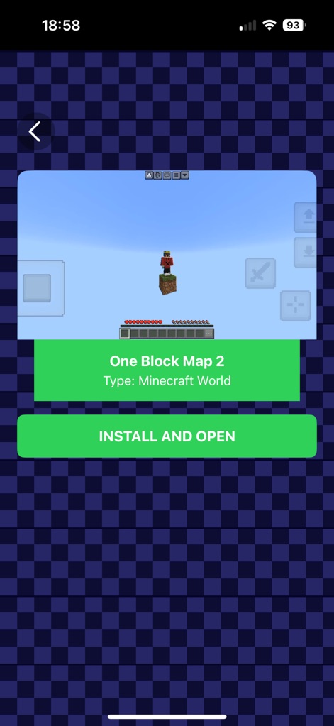 One Block - Maps for Minecraft - Get a glimpse of the immersive gameplay, with an in-game view of a player on a single block shown in the preview and the direct installation button ready for action.