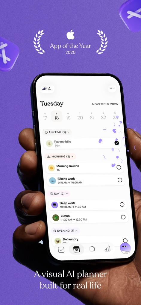 Tiimo: To-Do List & AI Planner - The app presents a clear visual schedule with color-coded categories and precise time allocations, allowing users to effortlessly organize their daily tasks and routines.