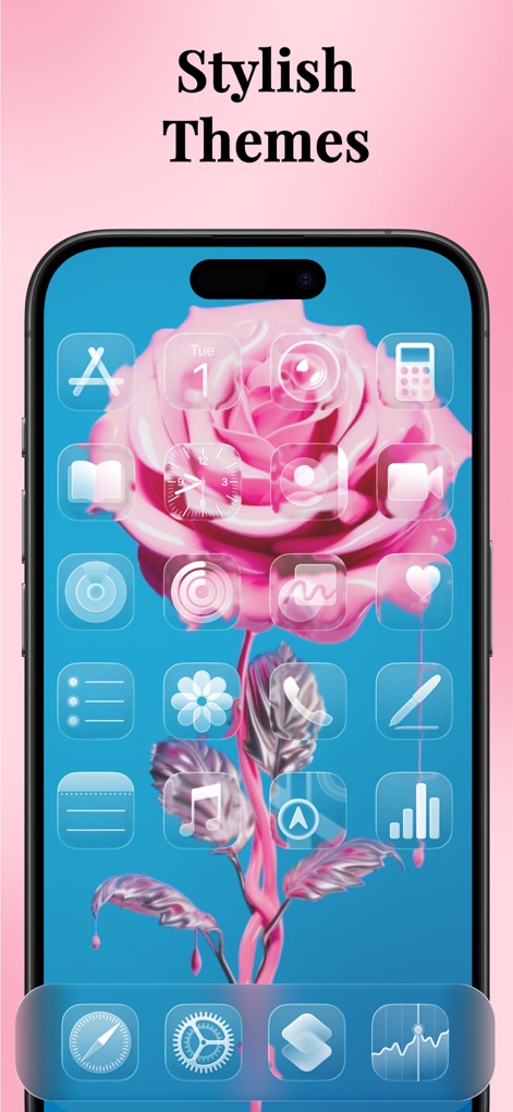 Icon Changer: Widget.s, Themes - Delve into the app's stylish themes, such as the elegant pink rose wallpaper complemented by perfectly coordinated transparent app icons.