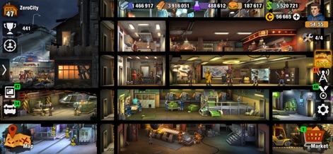 Zero City: Zombie Shelter Game - This panoramic view illustrates the expanded shelter infrastructure and the advanced room upgrades available, reflecting significant player progress and strategic development.