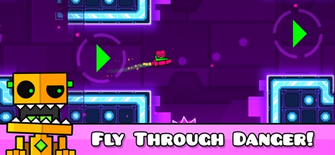 Geometry Dash Meltdown - Hier wird ein rasantes Flugsegment demonstriert, in dem der farbenfrohe Charakter durch blau leuchtende Plattformen gleitet und den grünen Richtungsanzeigern folgt.