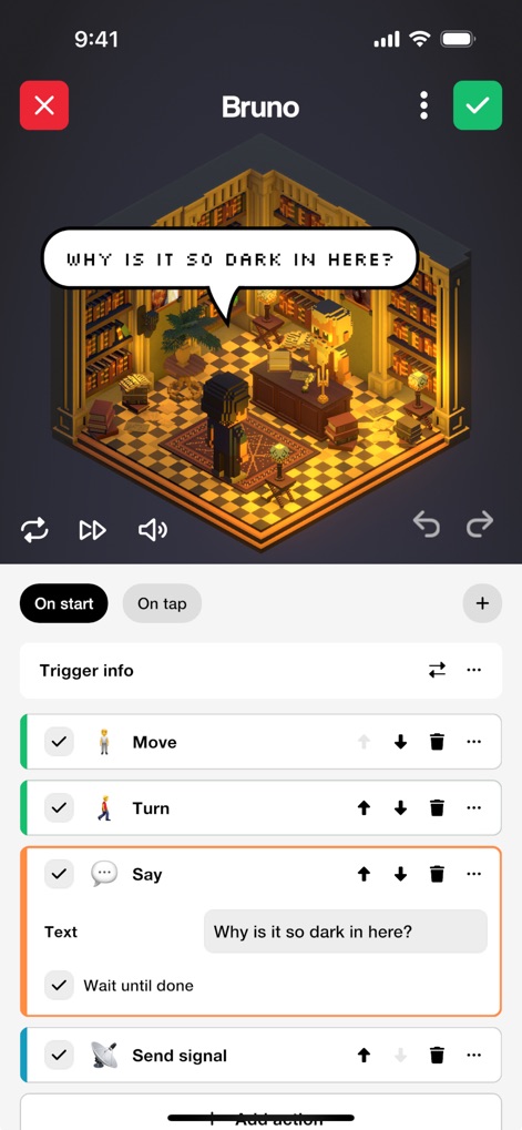 Rooms - The app allows creators to define complex interactions using 'On start' and 'On tap' triggers, alongside a configurable action list to sequence behaviors like a 'Say' action with custom text.
