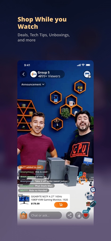 Newegg - Tech Shopping Online - 사용자는 제품에 대한 '라이브 스트리밍'을 시청하면서 채팅에 참여하고, GIGABYTE M27F 게이밍 모니터와 같은 소개된 제품을 영상 하단에서 바로 구매할 수 있습니다.