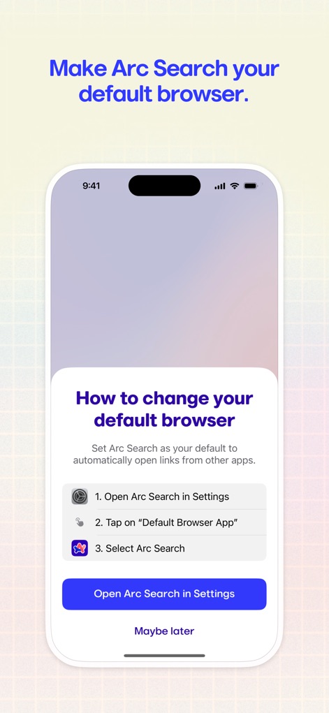 Arc Search — Find it, Faster - Learn how to fully integrate the app into your daily workflow, with clear step-by-step instructions and a direct "Open Arc Search in Settings" button to set it as the default browser.