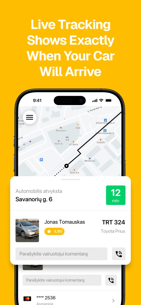 Etransport - Taxi and more - Cette interface permet un suivi précis du trajet du véhicule en temps réel sur la carte et affiche des informations détaillées sur le conducteur, incluant son nom et son évaluation.