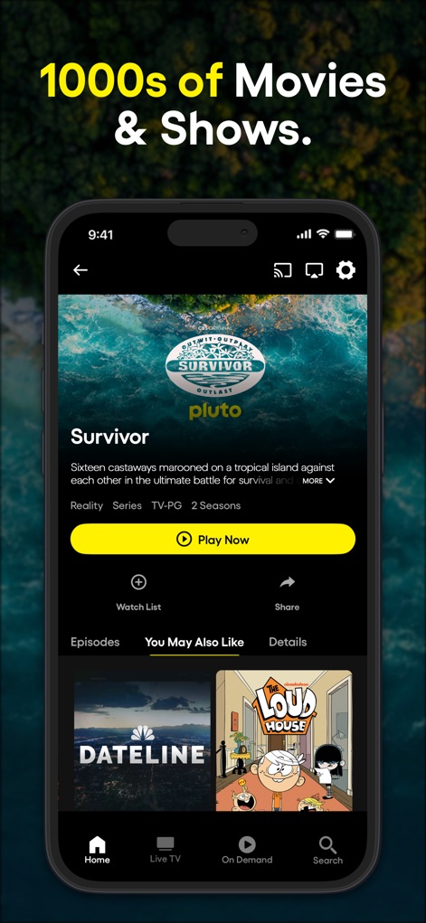 PlutoTV: Stream Free Movies/TV - Les utilisateurs explorent la page détaillée d'une série telle que 'Survivor', découvrant un résumé concis et des suggestions 'Vous Aimerez Aussi' pour une exploration continue.