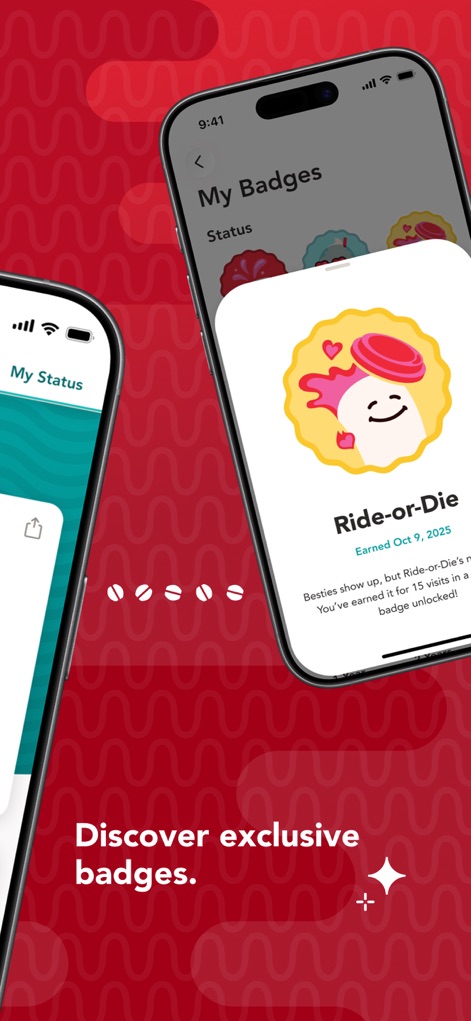 Scooter's Coffee - Users can discover and view their earned badges on a dedicated screen, showcasing accomplishments like the 'Ride-or-Die' badge earned through frequent visits.