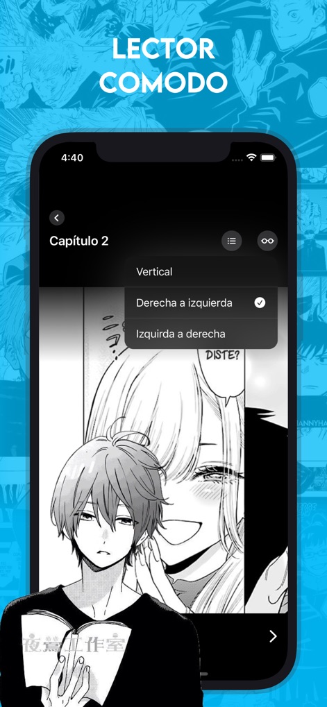 Mango Manga: Comics y Novelas - O leitor otimizado permite aos usuários personalizar a direção da leitura, como 'Direita a Esquerda', e oferece opções de visualização como 'Vertical' para uma experiência adaptada.