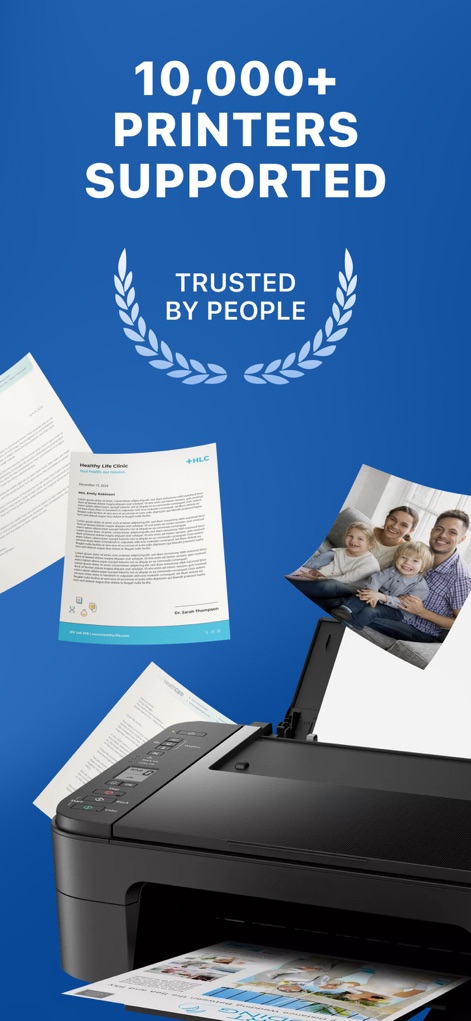 Air Printer App: Smart Print - Questa visuale mostra la vasta gamma di stampanti supportate, con un 'laurel wreath' simbolo di fiducia, mentre una 'stampante fisica' è rappresentata in azione con documenti e foto.