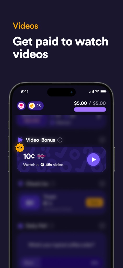 Survey Spin: Get paid cash! - Explore a simple way to earn by watching short videos, clearly indicating the "10¢" reward and the video's "45s" duration.