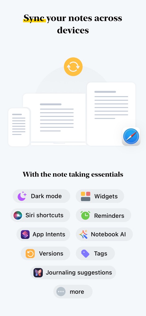 Notebook – Notes, Notepad - A sincronização de notas é ilustrada através de dispositivos como telefones e tablets, e a imagem destaca recursos essenciais como 'Dark mode' e 'Widgets' para uma experiência personalizada.
