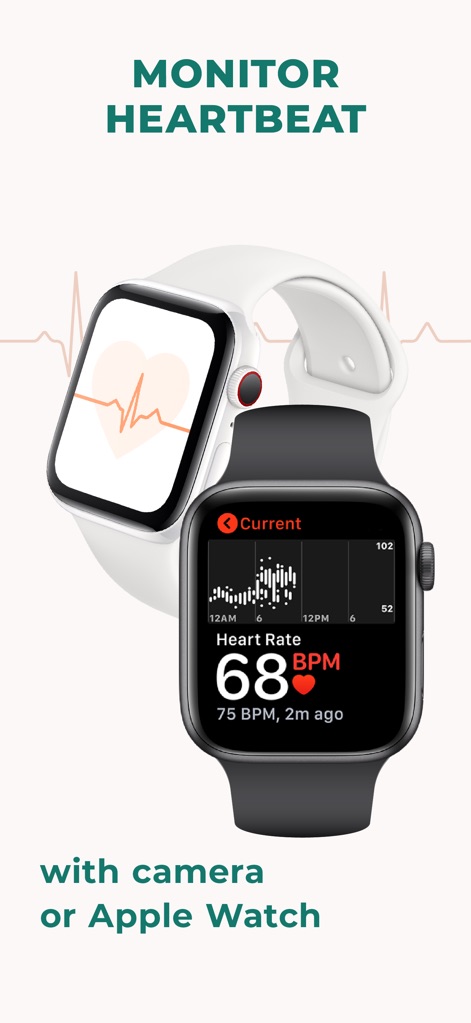 Pulsebit: Heart Rate Monitor - Se observa la capacidad de monitorización del ritmo cardíaco a través del Apple Watch, con la pantalla del reloj mostrando un valor de '68 BPM' y una gráfica detallada de la actividad.