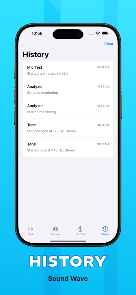 PureWave Al Care - Users can review a comprehensive history of all activities, including Mic Tests and Tone generations, complete with precise timestamps.