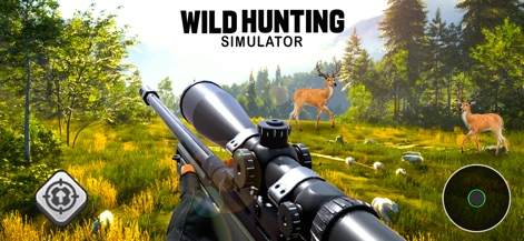 Deer Hunter 2026 Hunting Games - La aplicación sumerge a los usuarios en un entorno natural con un rifle de francotirador detallado en primer plano y ofrece una vibrante representación de la fauna con dos ciervos en el paisaje.