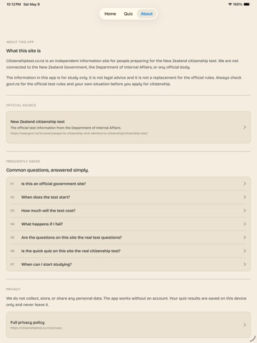 NZ Citizenship Test iPad screenshot