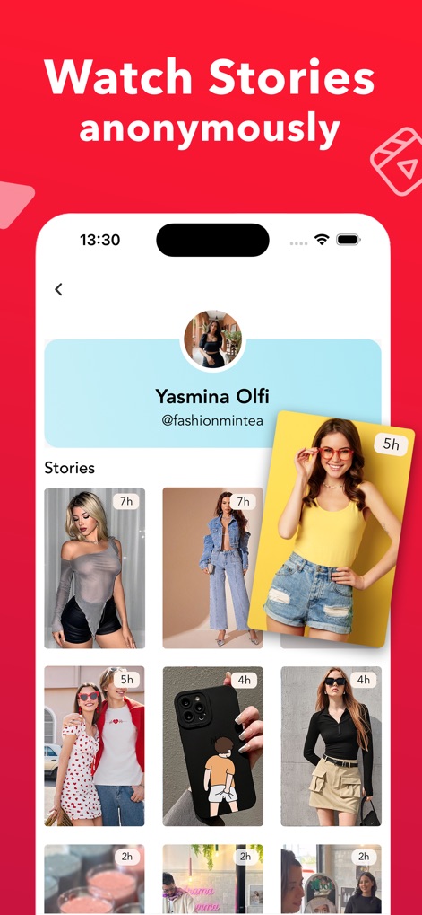 Story Saver : Save & Repost - Users can discreetly browse content, as illustrated by the "Watch Stories anonymously" banner and the chronological display of individual "Stories" thumbnails.