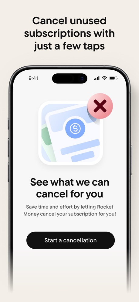 Rocket Money - Bills & Budgets App Store screenshot 3, headline “Cancel unused subscriptions with just a few taps See what we can cancel for you”. Black, white or grey.