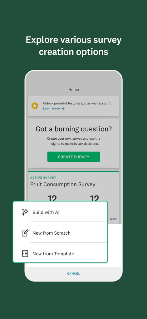 SurveyMonkey - Explore the app's flexible survey creation methods, from starting "New from Scratch" to leveraging "Build with AI" for efficiency.
