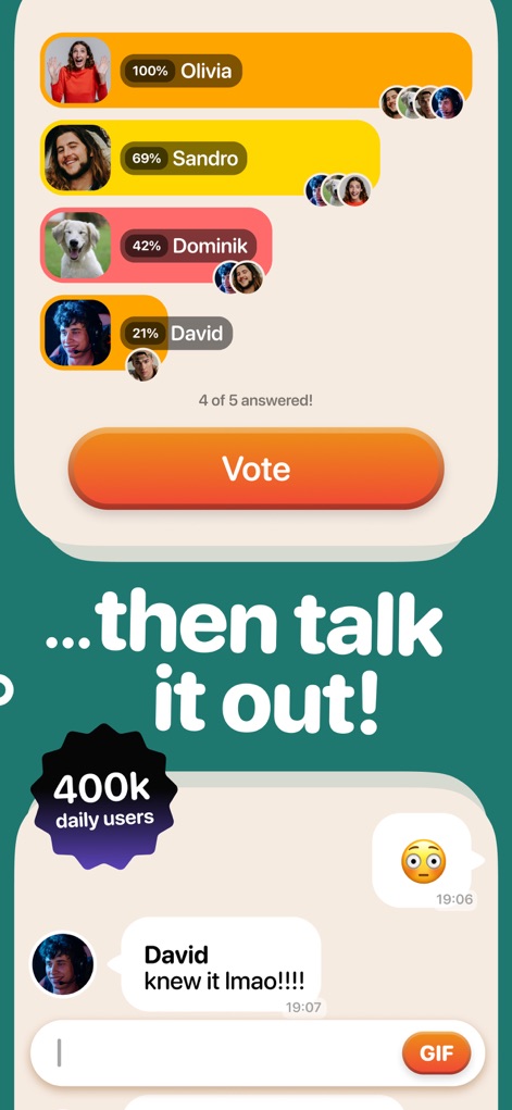 askUs: Whos most likely to - Observe how users cast votes on questions and engage in real-time discussions within the integrated chat interface.