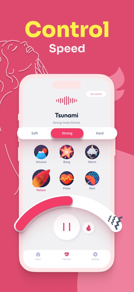 Vibrator: Strong Vibration App - Users can fine-tune their experience with the intuitive 'speed control slider' and explore a diverse collection of 'strong mode themes' such as 'Volcano' and 'Meteor'.