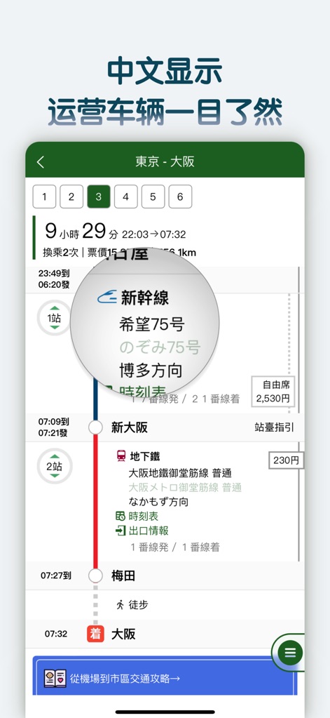 换乘案内 (中文版)日本交通查询工具 - The app provides a clear Chinese display of operating vehicle details, such as Shinkansen information, and visually represents the number of transfers required for any given journey.