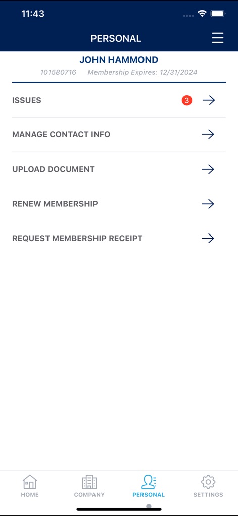 AuctionACCESS Mobile - This 'PERSONAL' section allows users to efficiently manage their membership, providing clear navigation to 'UPLOAD DOCUMENT' and address any outstanding issues.