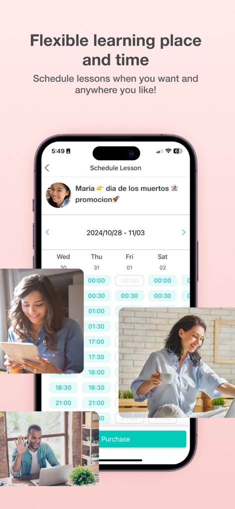 AmazingTalker: Learn Languages - Les utilisateurs bénéficient d'une planification flexible grâce au calendrier interactif affichant les créneaux disponibles et aux visuels évoquant l'apprentissage depuis n'importe quel lieu avec un simple appareil mobile.