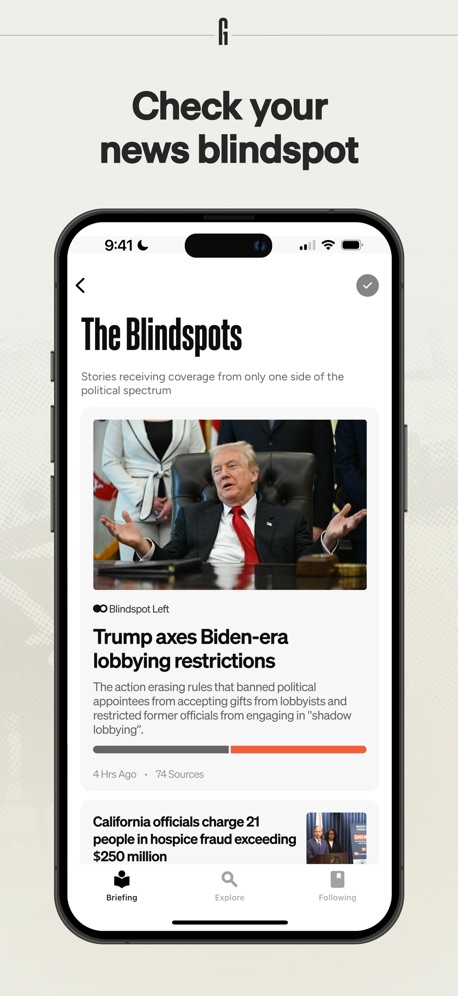 Ground News App Store screenshot 3, headline “Check your news blindspot”. Leads with a problem.