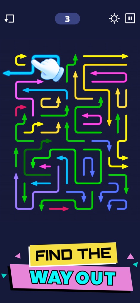 Arrow Maze - Escape Puzzle - このアプリでは、カラフルな矢印で構成された迷路の出口を見つける論理パズルが楽しめます。指カーソルを使って矢印を操作し、経路をクリアしてください。