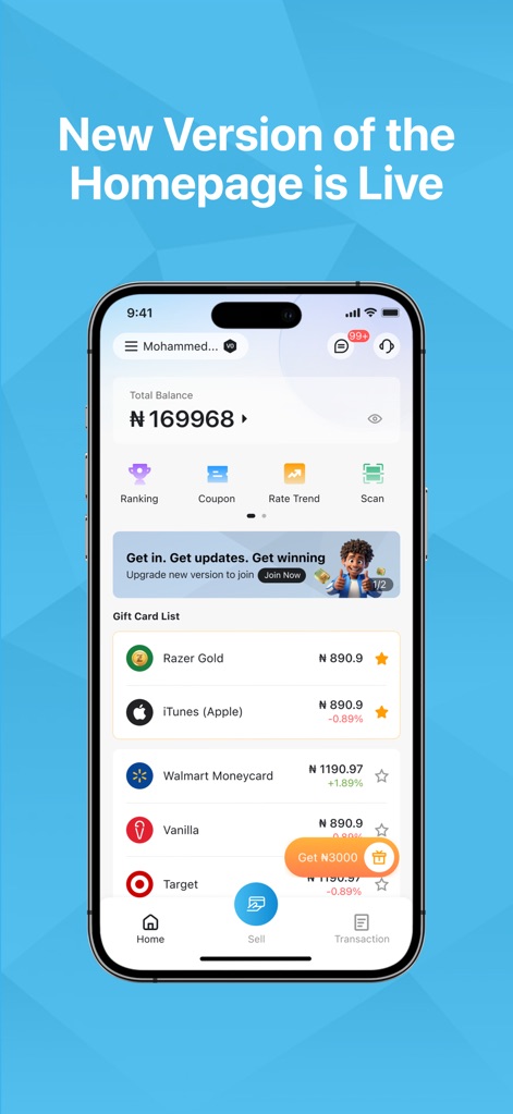Carding - Sell Gift Cards - The app's streamlined homepage showcases the user's Total Balance and a detailed Gift Card List, enabling quick asset management and sales.