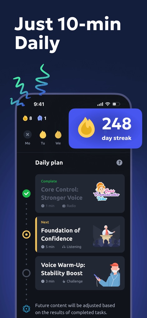 Vocal Image: AI Speaking Coach - Observe how the app encourages daily engagement with a prominent 'day streak' counter and structured 'Daily plan' sessions like 'Core Control: Stronger Voice'.