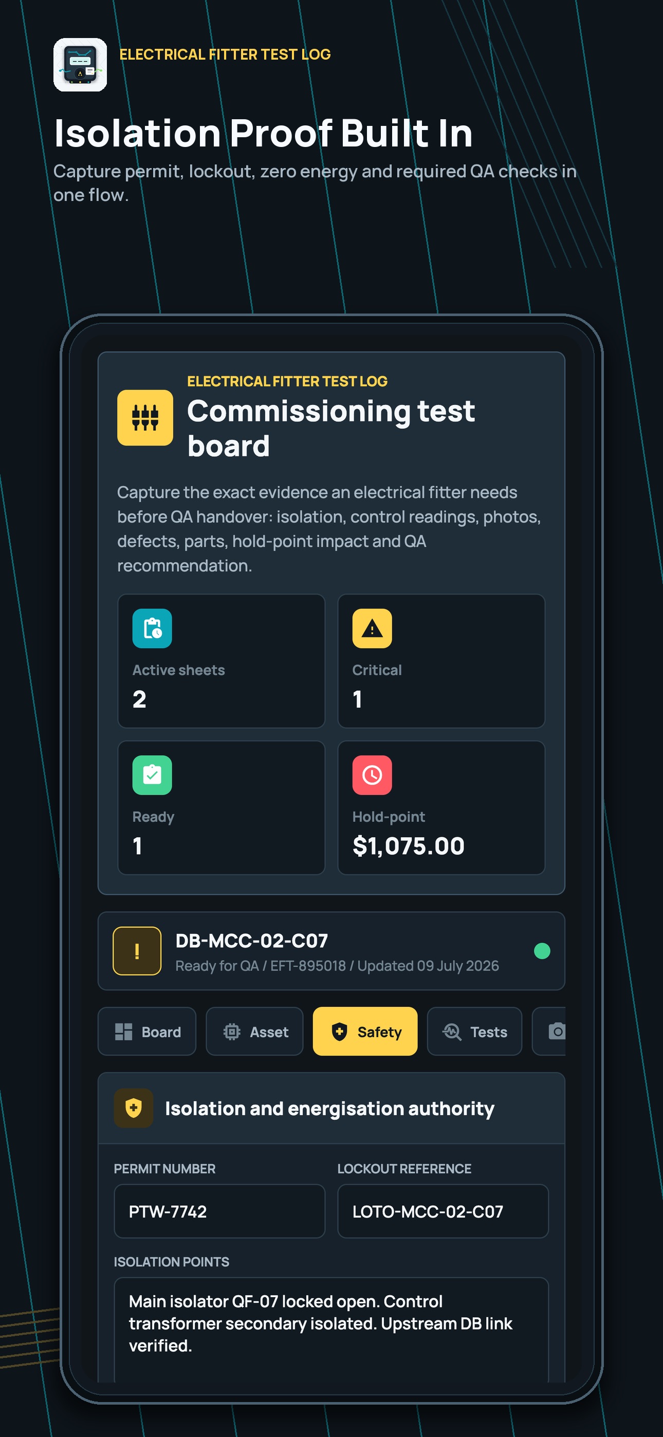 Screenshot 3 of Electrical Fitter Test Log