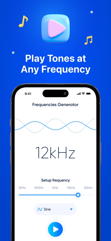 Clean Tune - Speaker Cleaner - Explore the app's powerful frequency generator, highlighting the exact frequency display like "12kHz" and the customizable "Sine" waveform selector for tailored sound output.
