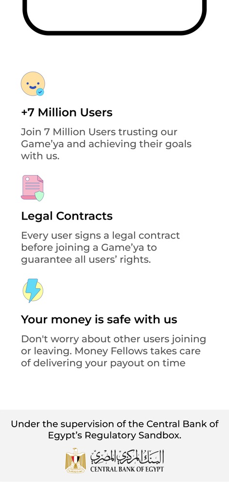 Money Fellows: Online Circles - This screen emphasizes the app's large user base of over 7 million and its robust regulatory framework, including legal contracts for user protection and supervision by the Central Bank of Egypt.