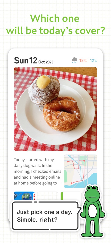 Hobonichi Techo App - La función "Portada del Día" permite seleccionar una imagen destacada como la de los donuts, con un personaje de rana ofreciendo un comentario interactivo.