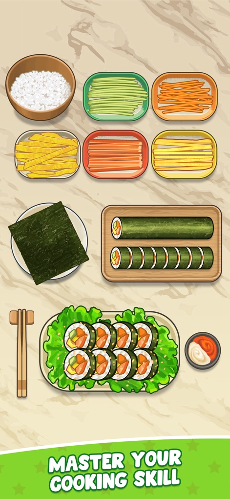 Cookingo: Perfect Meal - The app showcases detailed sushi preparation, from a neatly arranged selection of colorful ingredients to perfectly rolled and sliced finished pieces.