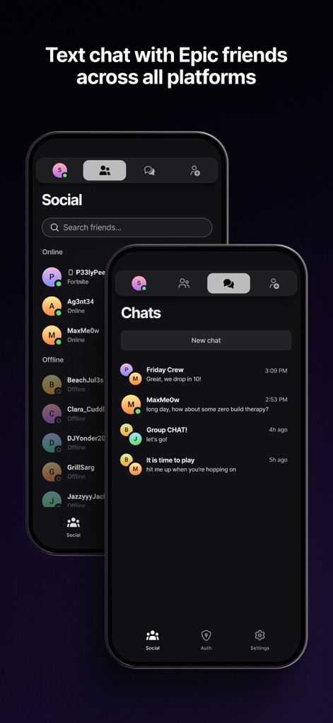 Epic Games - L'app offre una panoramica chiara degli amici online e offline nella sezione 'Social', mentre la scheda 'Chats' visualizza l'elenco delle conversazioni attive e l'opzione per crearne di nuove.
