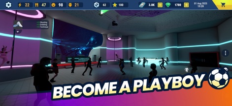 Soccer Life Simulator - Witness the opulent social life of a soccer star, showcased through a lively club scene featuring dancers and dynamic disco lighting, fulfilling the "BECOME A PLAYBOY" aspiration.
