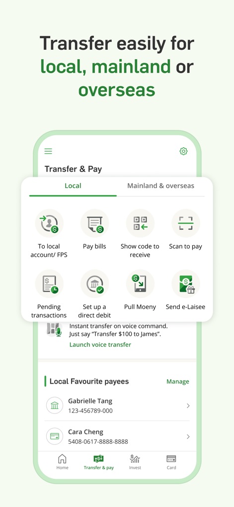 Hang Seng Personal Banking - The app facilitates easy transfers with dedicated sections for "Local" and "Mainland & overseas" transactions, alongside convenient options like "Pay bills" and "Scan to pay."