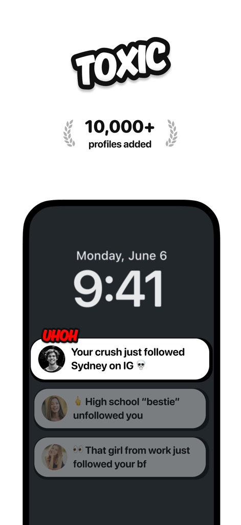 Toxic: Followers Tracker - The app delivers critical social updates directly to the lock screen, highlighting events like a 'crush following someone new' and a 'bestie unfollowing you'.