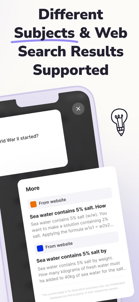 Socratic AI - Homework Helper - La aplicación ofrece soporte para múltiples materias, como la pregunta de historia sobre la 'Segunda Guerra Mundial' y los resultados de búsqueda web detallados para problemas de química desde 'From website'.